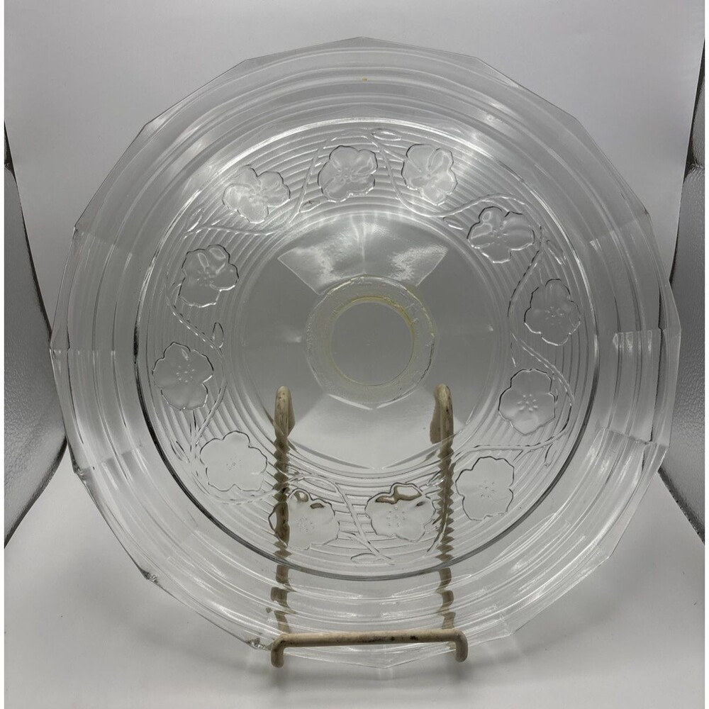 Vintage 12" Round Platter Avalon Clear Glass Floral Design By Anchor Hocking